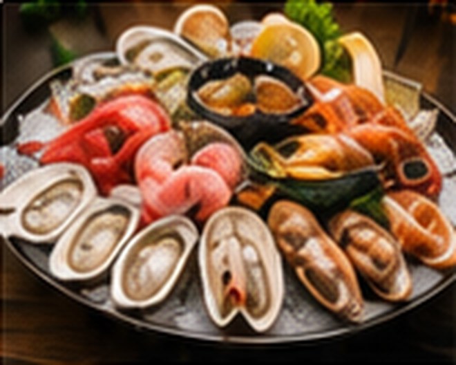 A mixed seafood platter of prawns, mussels and oysters.