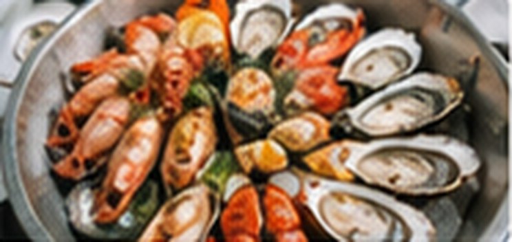 Prawns and oysters arranged on a serving platter.