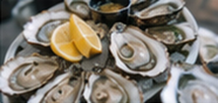 Oysters on the half shell with lemon wedges.