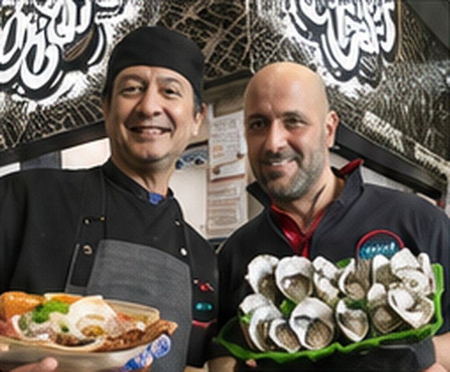 Angelo and Petro Aptus holding platters of freshly prepared seafood.