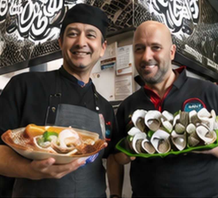 Angelo and Petro Aptus holding platters of freshly prepared seafood.
