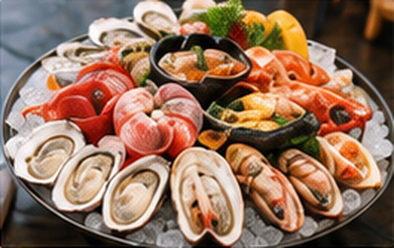A large seafood platter of oysters, prawns and mussels on ice.