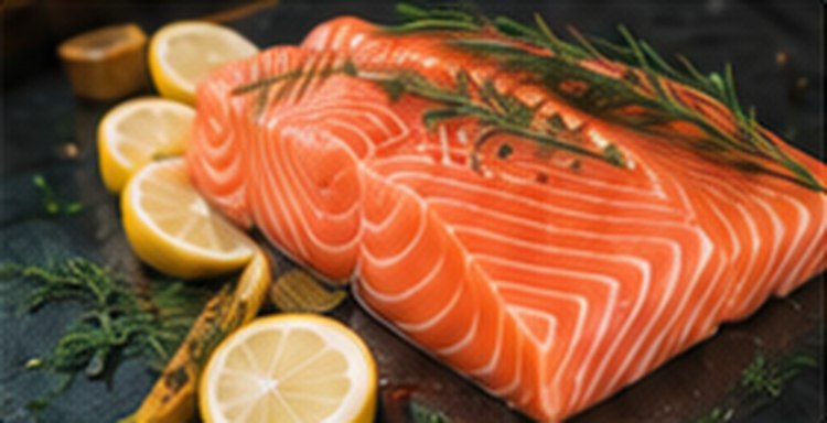A salmon fillet with rosemary and lemon slices.