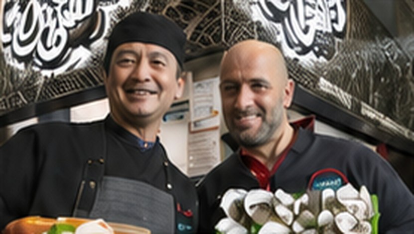Angelo and Petro Aptus holding platters of prepared seafood.