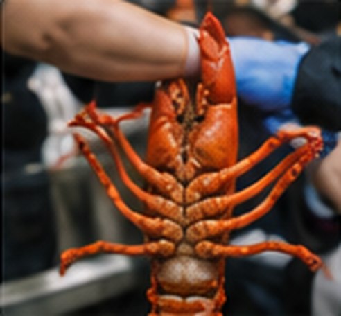 A team member holding up a large lobster.