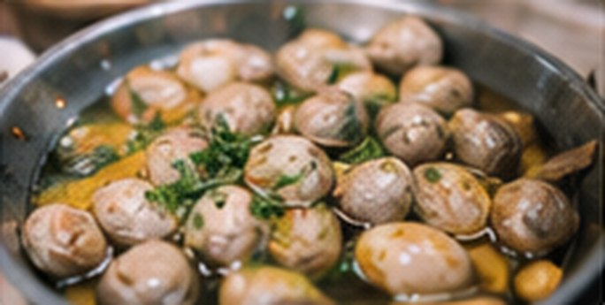 A pan of cooked mussels with herbs.