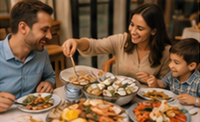 A family sharing a seafood meal together at a table.