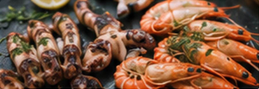 A spread of cooked prawns and squid.