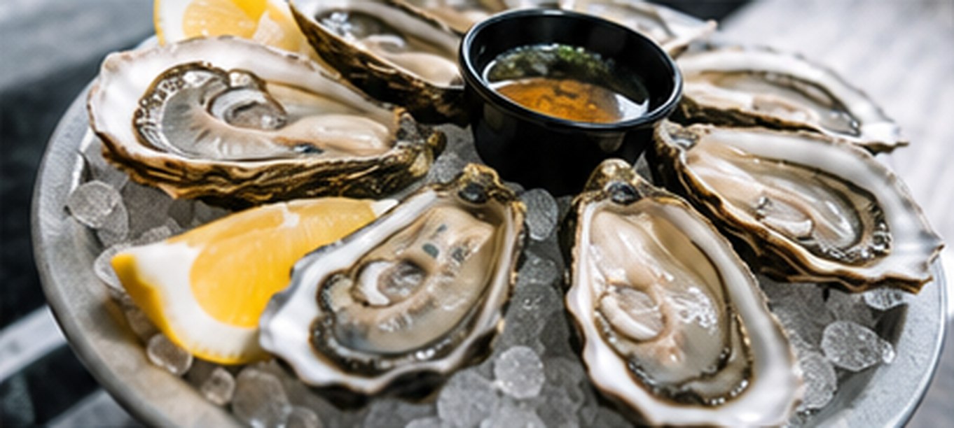 A tray of freshly shucked oysters on ice with lemon and a pot of dressing.