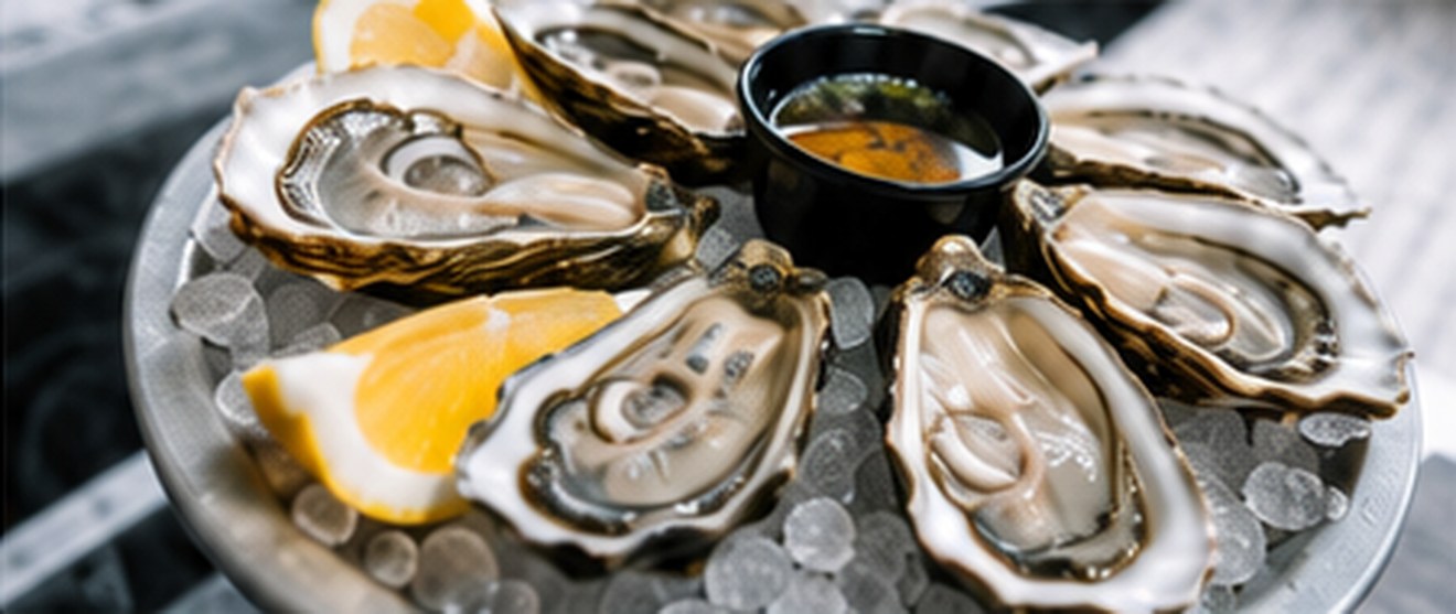 A platter of freshly shucked oysters on ice with lemon wedges and a pot of dressing.