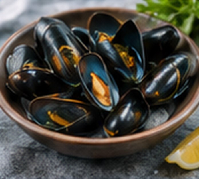 A bowl of live black mussels.