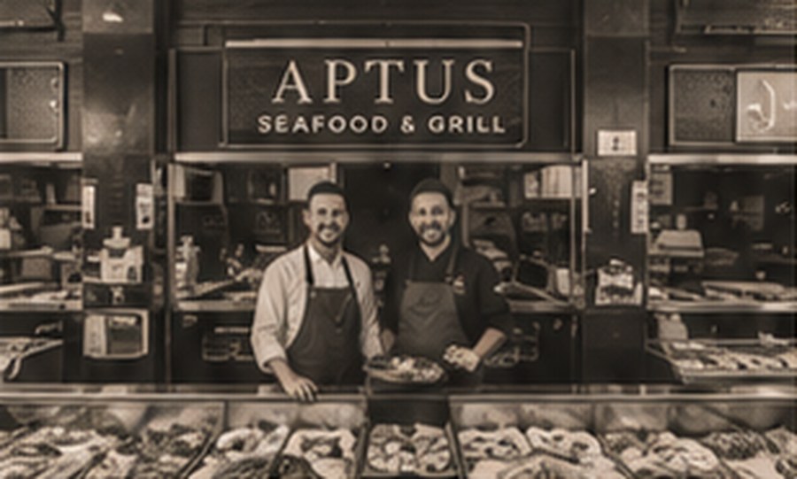 Two men in aprons standing behind the counter of the original Aptus Seafood & Grill shopfront.