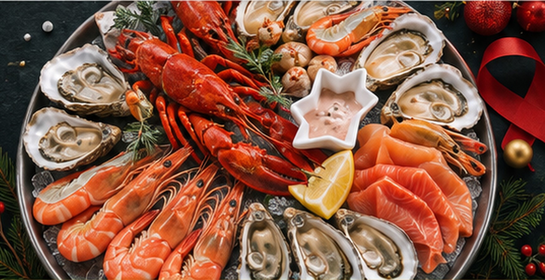 A festive Christmas seafood platter with lobster, prawns, oysters and smoked salmon.